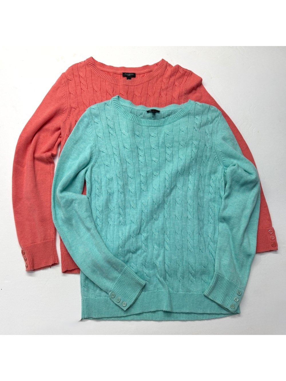 Talbots Petite Cable Knit Sweaters Set of Two Coral Pink Teal Lambswool Wool
